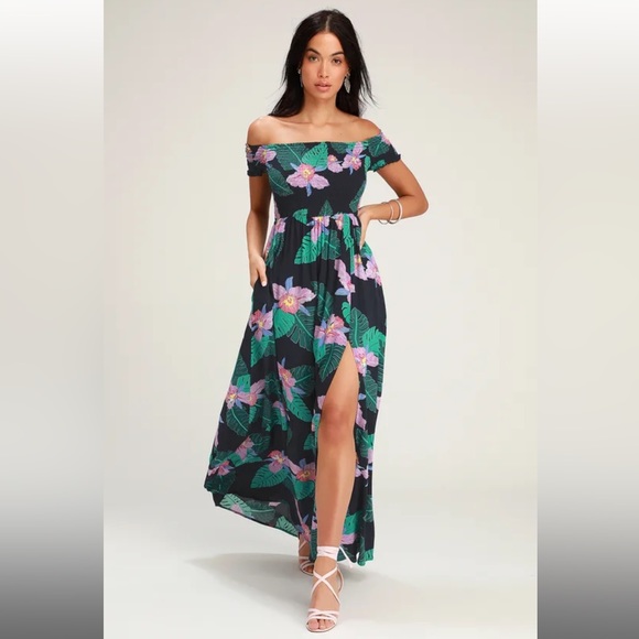 Lulus Dresses & Skirts - Lulus Patsy Navy Blue Floral Print Off-the-shoulder dress size xs(runs generous)